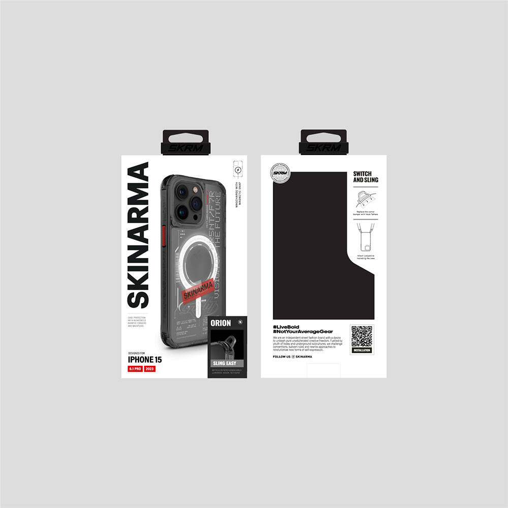 iPhone 15 Pro Kılıf SkinArma M-safe Şarj Özellikli Yazı Desenli Airbag Tasarımlı Orion Kılıf