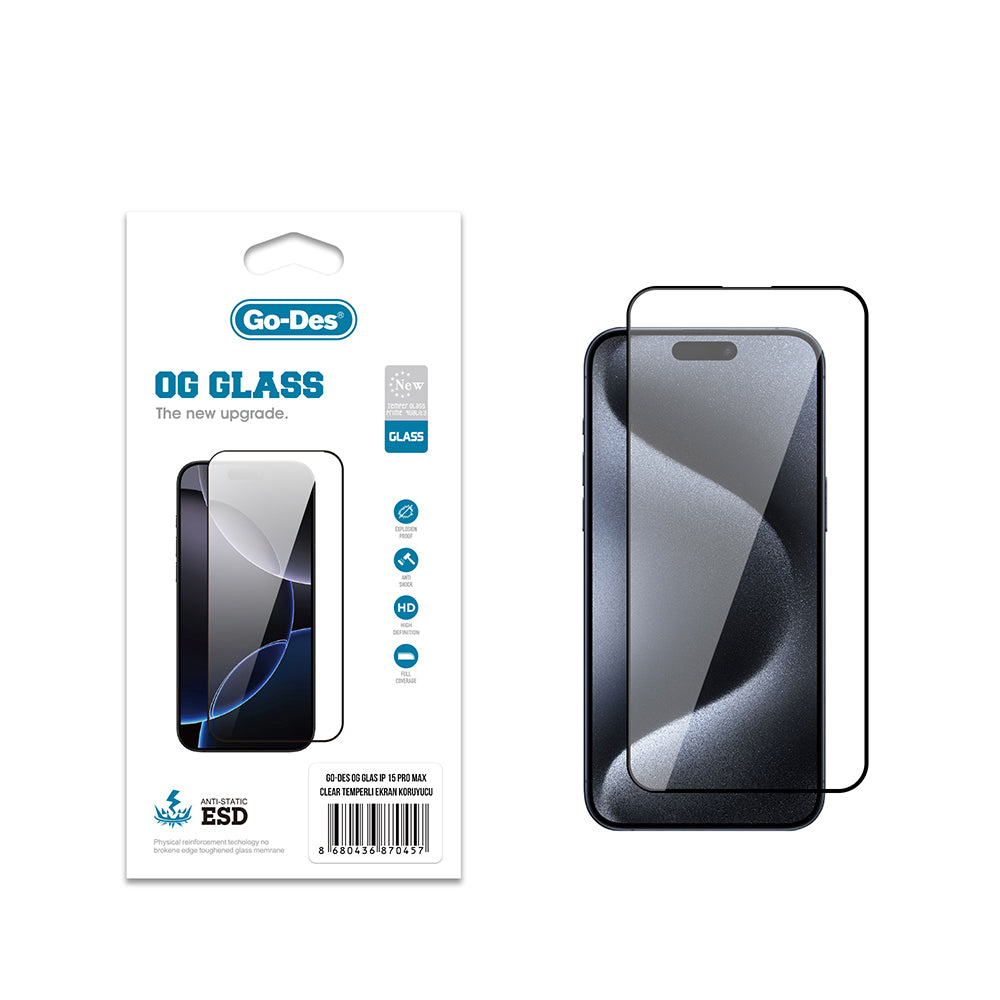 iPhone 15 Pro Max Go Des OG Glass Antistatik Temperli Cam Ekran Koruyucu