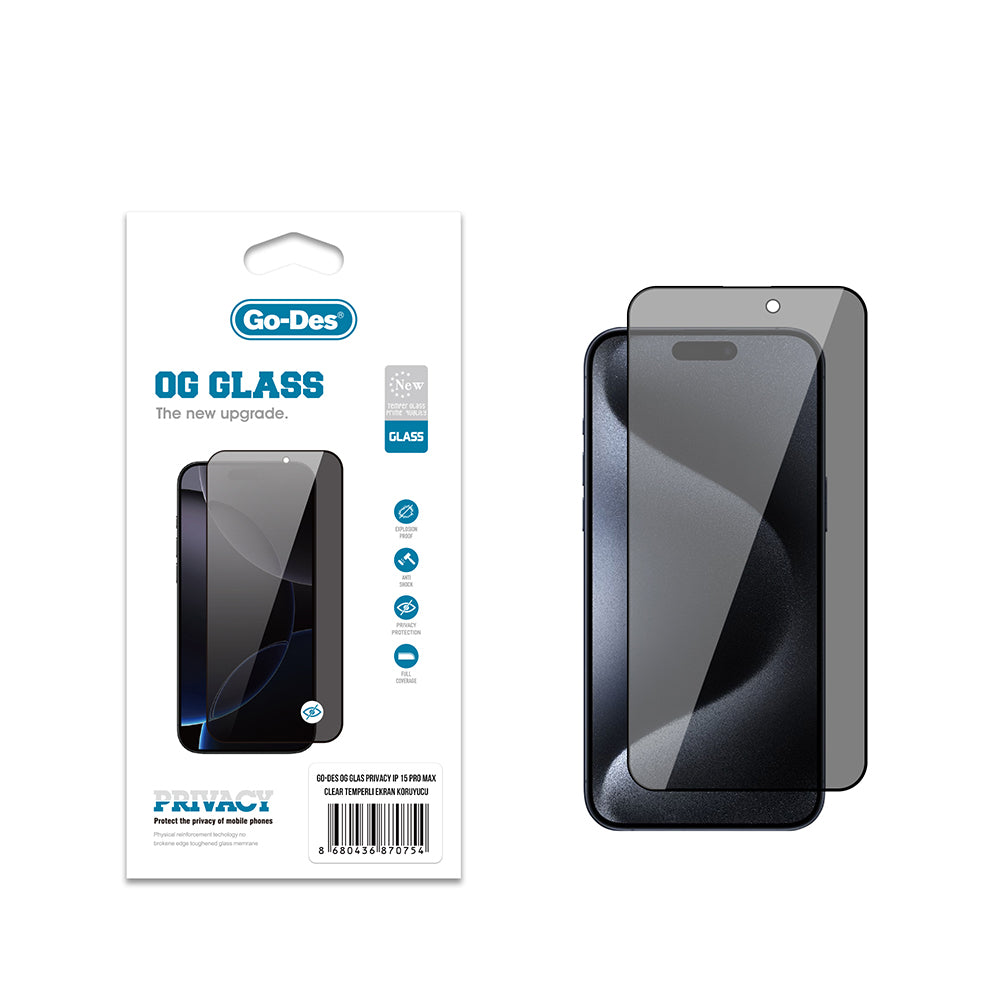 iPhone 15 Pro Max Go Des OG Glass Privacy Antistatik Temperli Cam Ekran Koruyucu