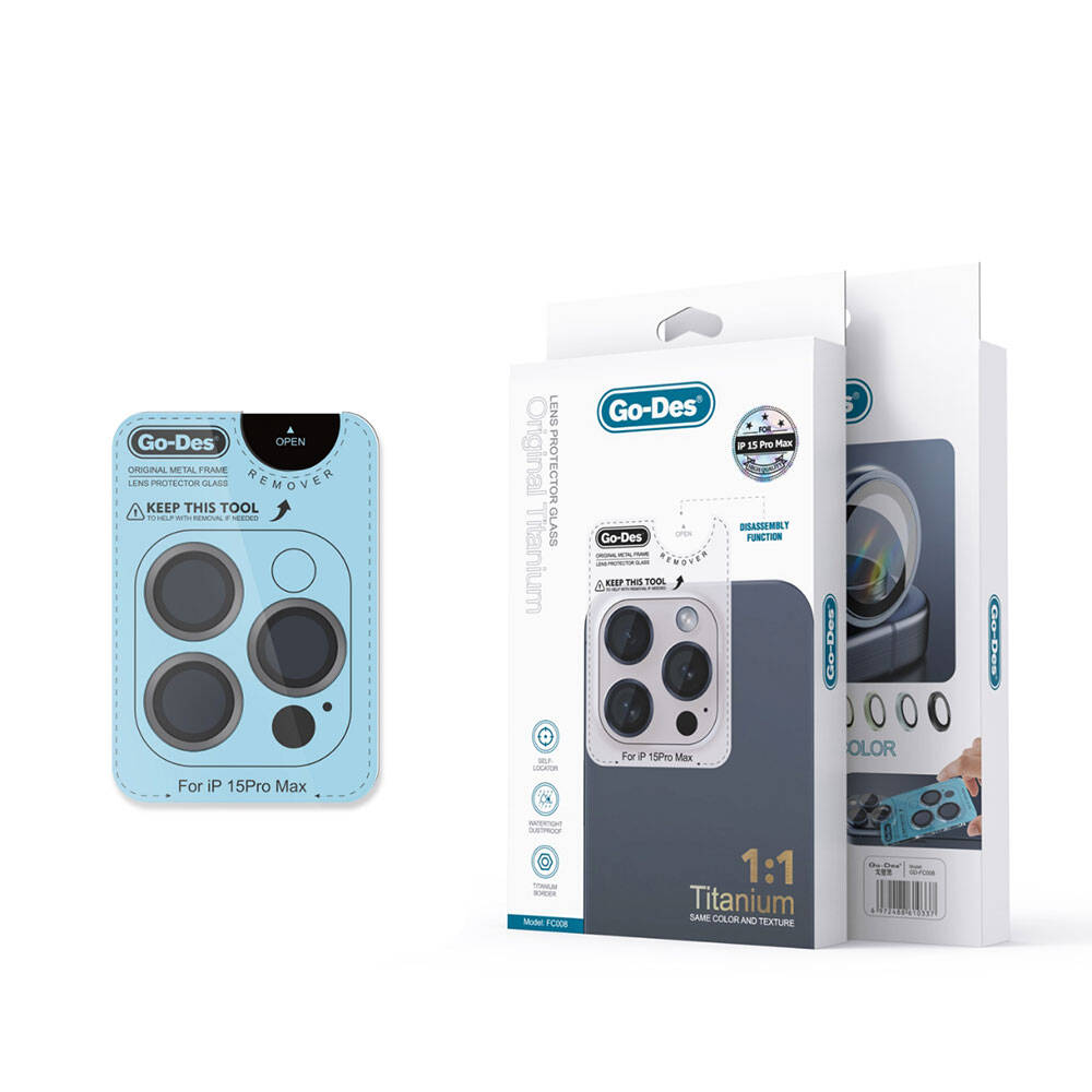 iPhone 15 Pro Max Go Des Titanium Premium Temperli Kamera Lens Koruyucu