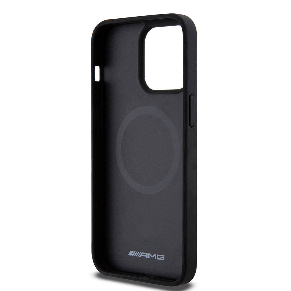 iPhone 15 Pro Max Kılıf AMG Orijinal Lisanslı M-safe Şarj Özellikli Delikli Deri Kıvrımlı Çizgili Kılıf