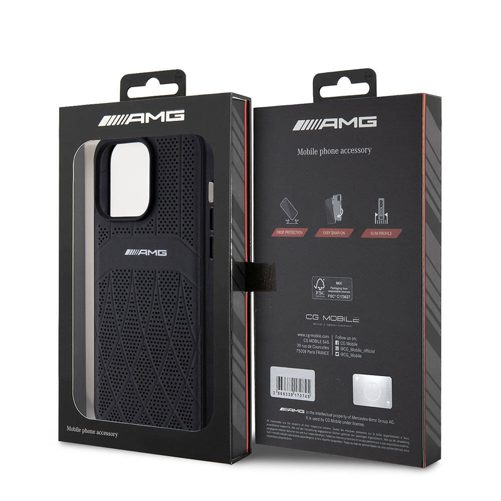iPhone 15 Pro Max Kılıf AMG Orijinal Lisanslı M-safe Şarj Özellikli Delikli Deri Kıvrımlı Çizgili Kılıf