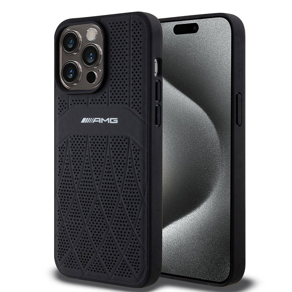 iPhone 15 Pro Max Kılıf AMG Orijinal Lisanslı M-safe Şarj Özellikli Delikli Deri Kıvrımlı Çizgili Kılıf