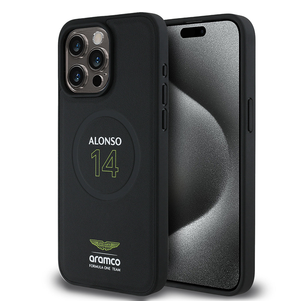 iPhone 15 Pro Max Kılıf Aston Martin Orijinal Lisanslı M-safe Şarj Özellikli PU Deri Alonso 14 Baskılı Kılıf