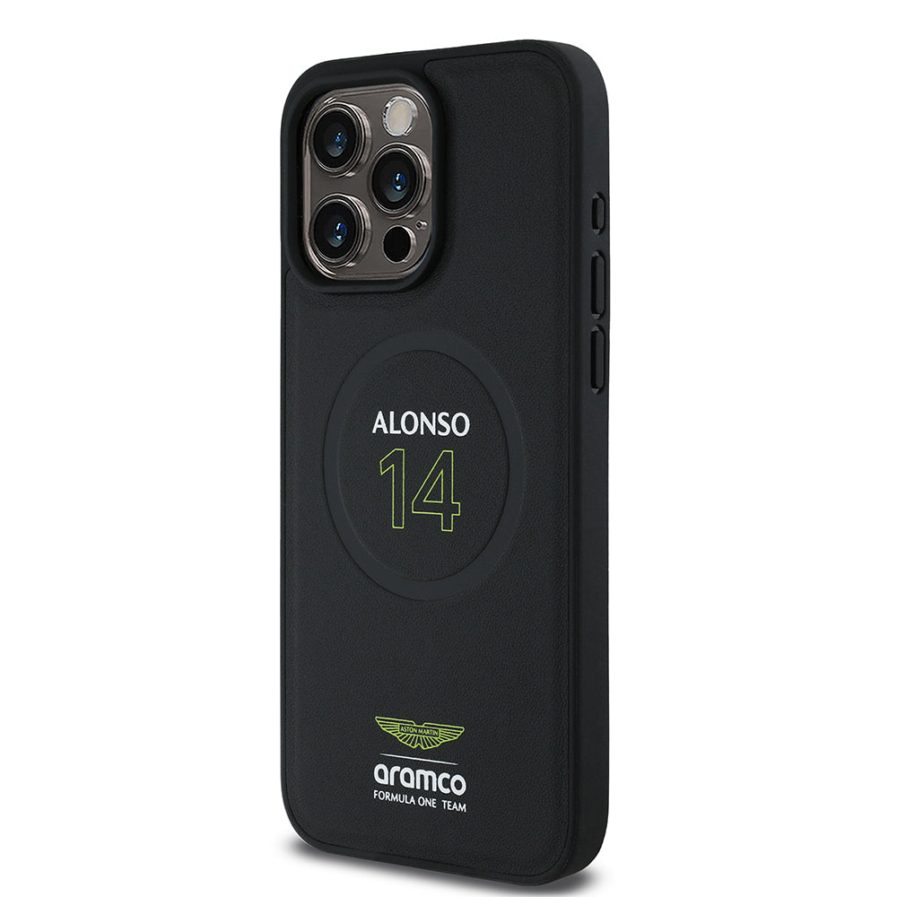iPhone 15 Pro Max Kılıf Aston Martin Orijinal Lisanslı M-safe Şarj Özellikli PU Deri Alonso 14 Baskılı Kılıf