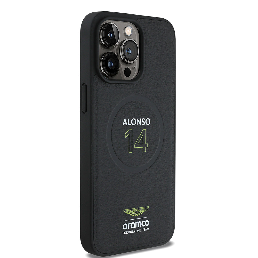 iPhone 15 Pro Max Kılıf Aston Martin Orijinal Lisanslı M-safe Şarj Özellikli PU Deri Alonso 14 Baskılı Kılıf
