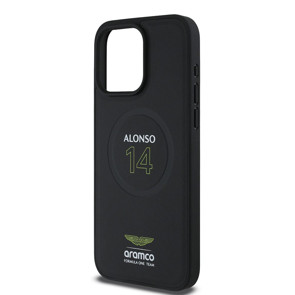 iPhone 15 Pro Max Kılıf Aston Martin Orijinal Lisanslı M-safe Şarj Özellikli PU Deri Alonso 14 Baskılı Kılıf