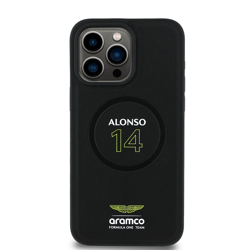 iPhone 15 Pro Max Kılıf Aston Martin Orijinal Lisanslı M-safe Şarj Özellikli PU Deri Alonso 14 Baskılı Kılıf