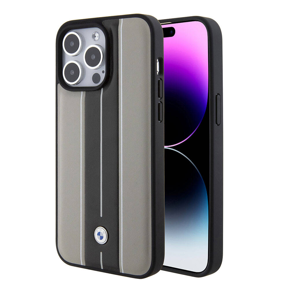 iPhone 15 Pro Max Kılıf BMW Orijinal Lisanslı Deri Arka Yüzey Metal Logolu Çift Şerit Tasarımlı Kılıf