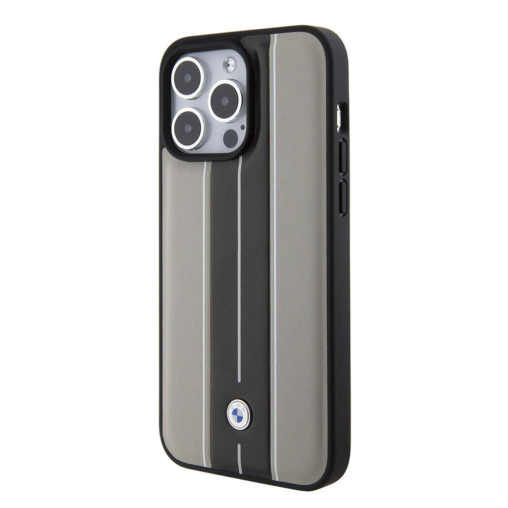 iPhone 15 Pro Max Kılıf BMW Orijinal Lisanslı Deri Arka Yüzey Metal Logolu Çift Şerit Tasarımlı Kılıf