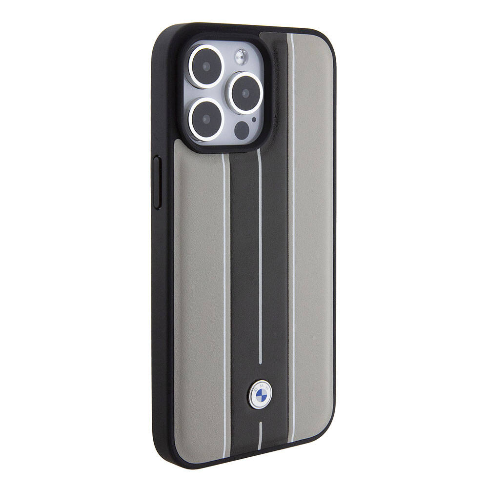 iPhone 15 Pro Max Kılıf BMW Orijinal Lisanslı Deri Arka Yüzey Metal Logolu Çift Şerit Tasarımlı Kılıf