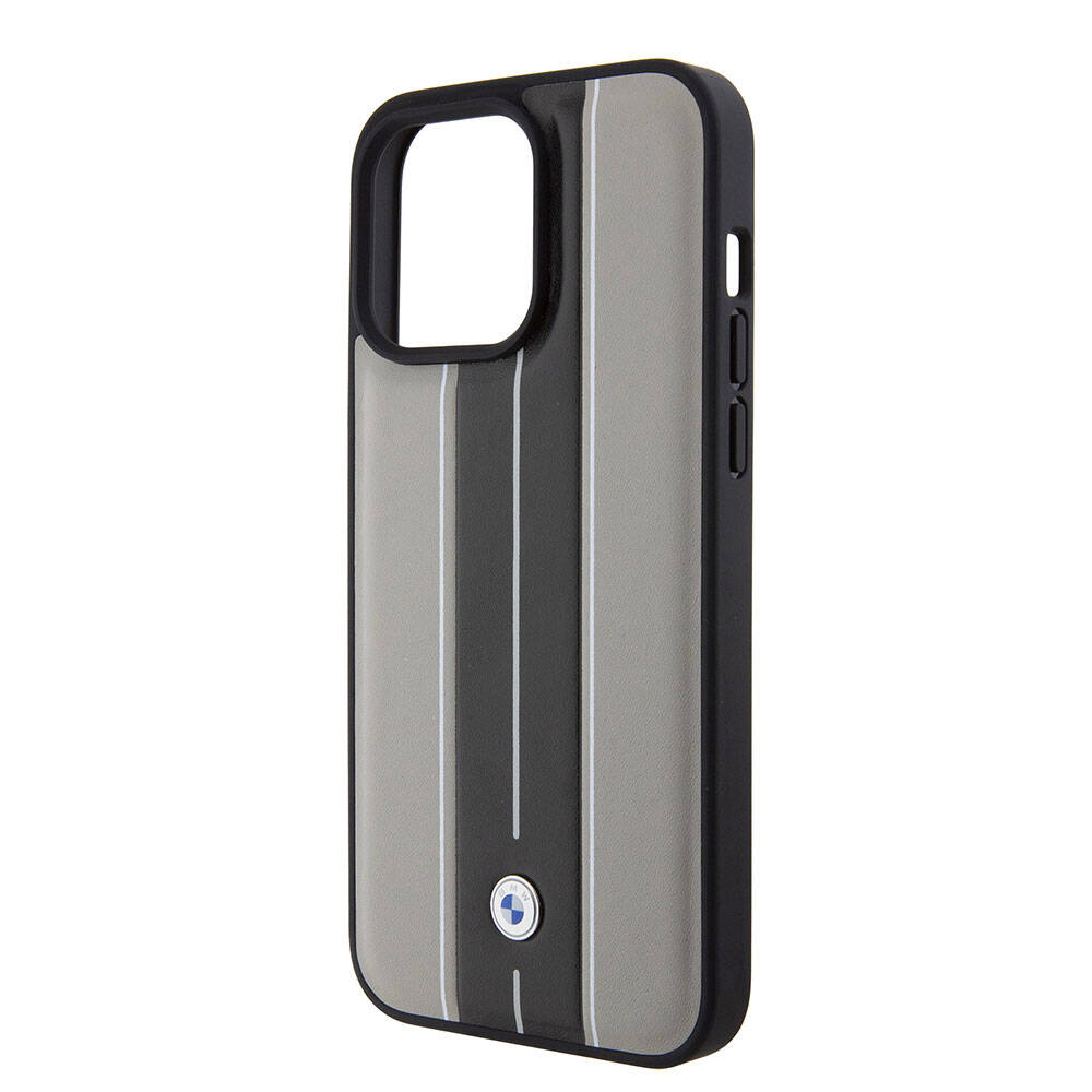 iPhone 15 Pro Max Kılıf BMW Orijinal Lisanslı Deri Arka Yüzey Metal Logolu Çift Şerit Tasarımlı Kılıf