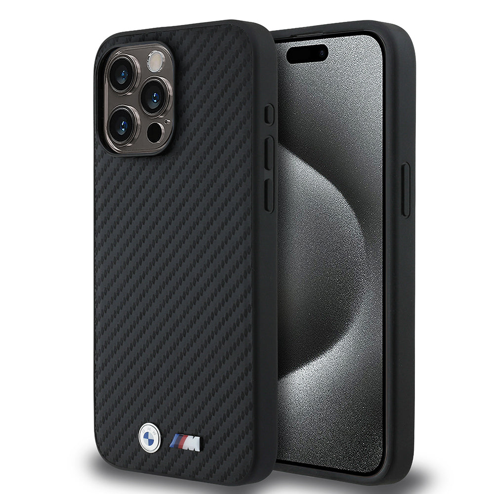 iPhone 15 Pro Max Kılıf BMW Orijinal Lisanslı Karbon Fiber Tasarımlı ve Metal Logolu PU Deri Kılıf