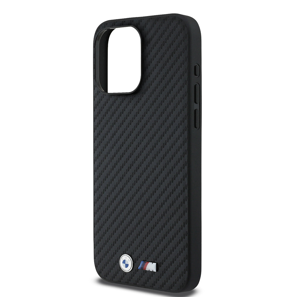 iPhone 15 Pro Max Kılıf BMW Orijinal Lisanslı Karbon Fiber Tasarımlı ve Metal Logolu PU Deri Kılıf
