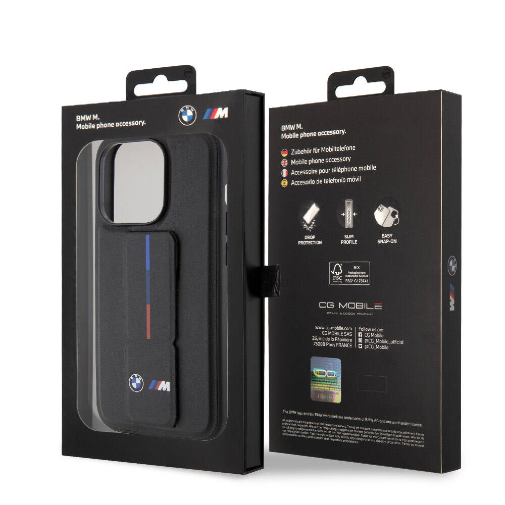 iPhone 15 Pro Max Kılıf BMW Orijinal Lisanslı M Şerit ve Logolu Standlı Kılıf