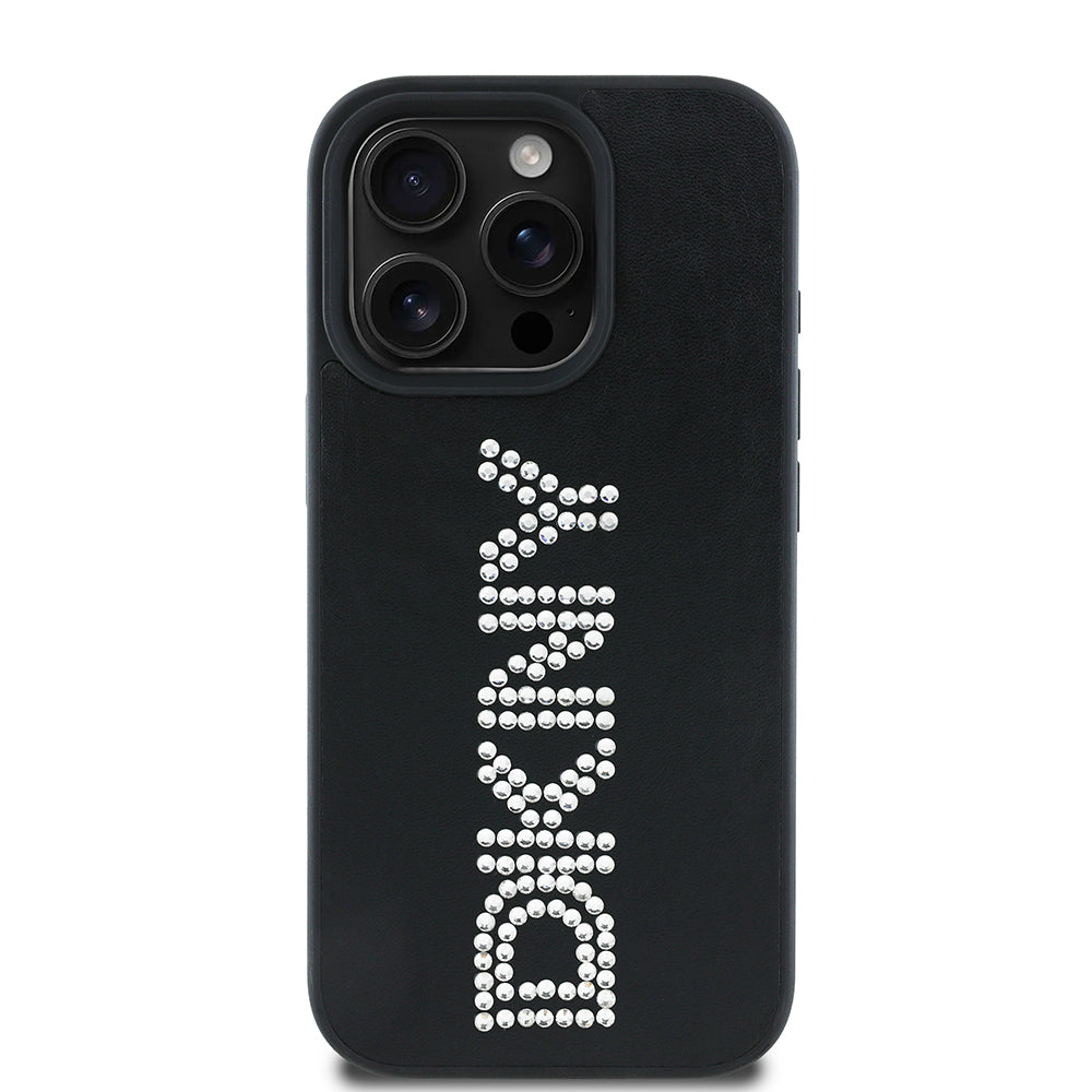iPhone 15 Pro Max Kılıf DKNY Orjinal Lisanslı Taşlı DKNY Yazılı Metalik Rhinestones PU Deri Kılıf