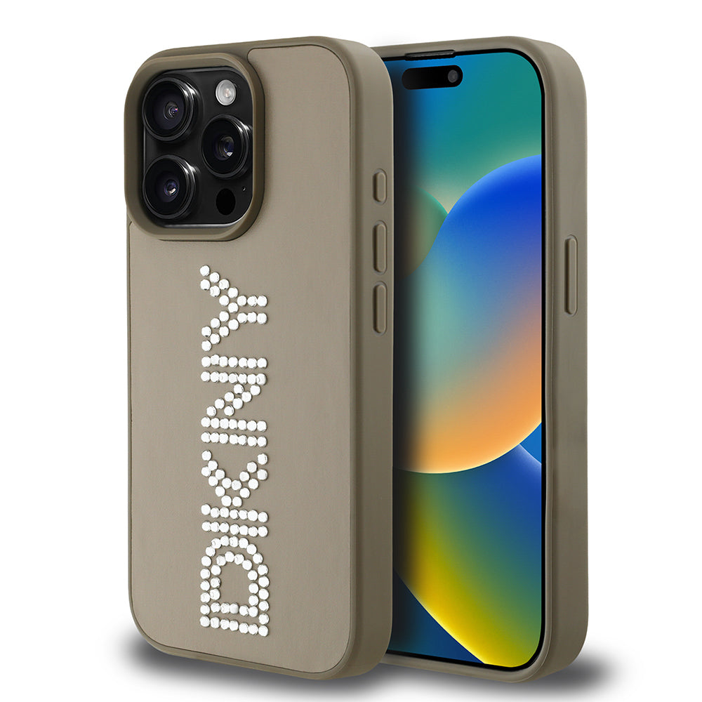 iPhone 15 Pro Max Kılıf DKNY Orjinal Lisanslı Taşlı DKNY Yazılı Metalik Rhinestones PU Deri Kılıf