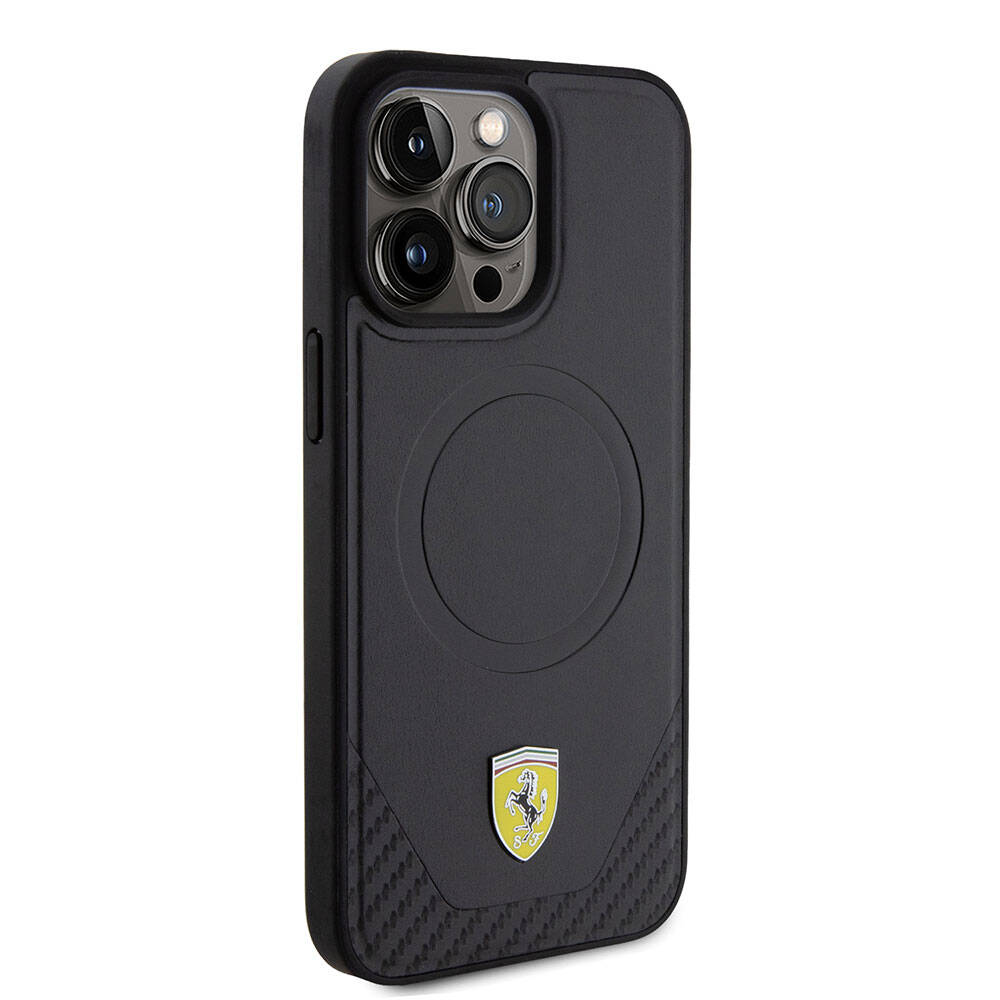 iPhone 15 Pro Max Kılıf Ferrari Orijinal Lisanslı M-safe Şarj Özellikli Metal Logolu PU Karbon Kılıf