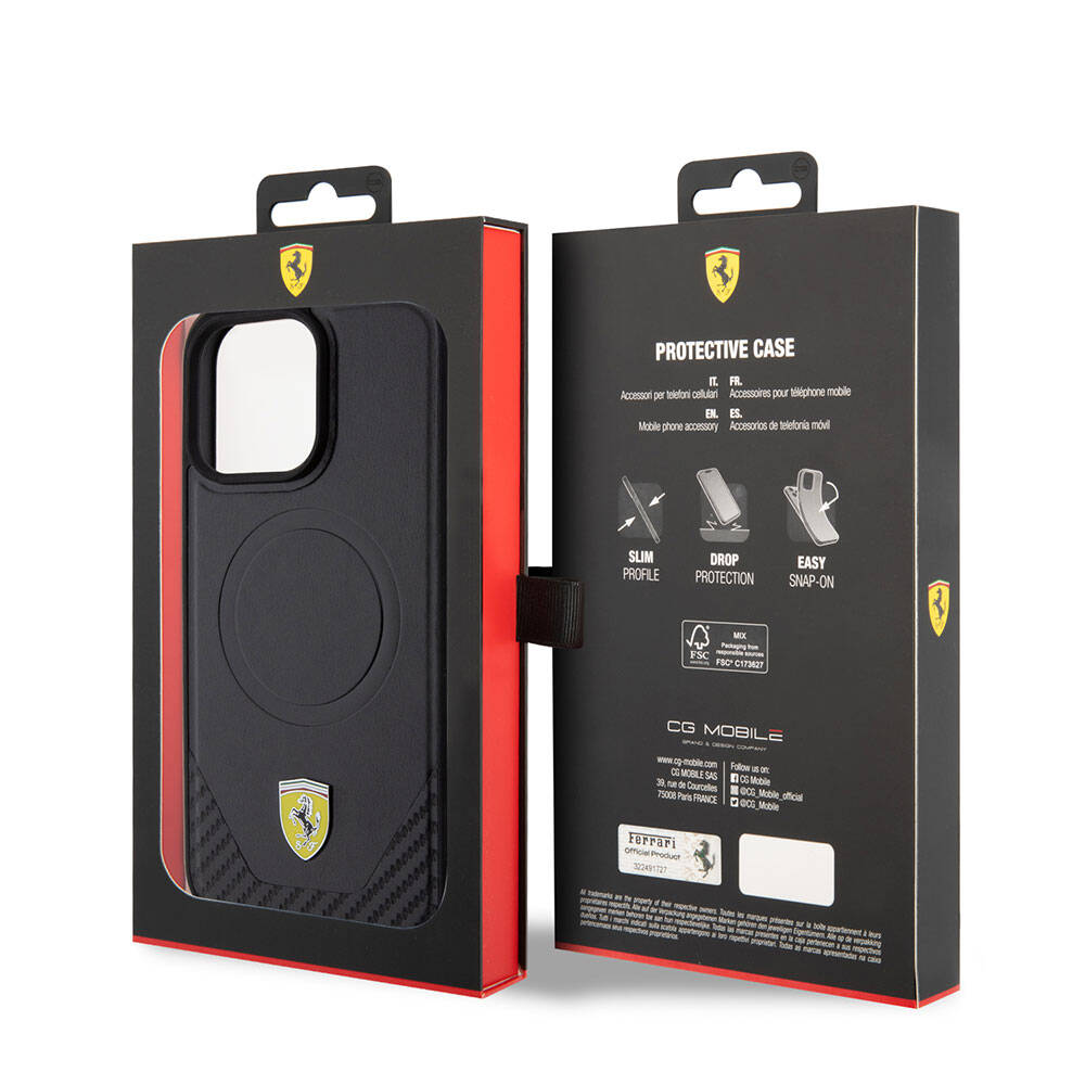 iPhone 15 Pro Max Kılıf Ferrari Orijinal Lisanslı M-safe Şarj Özellikli Metal Logolu PU Karbon Kılıf