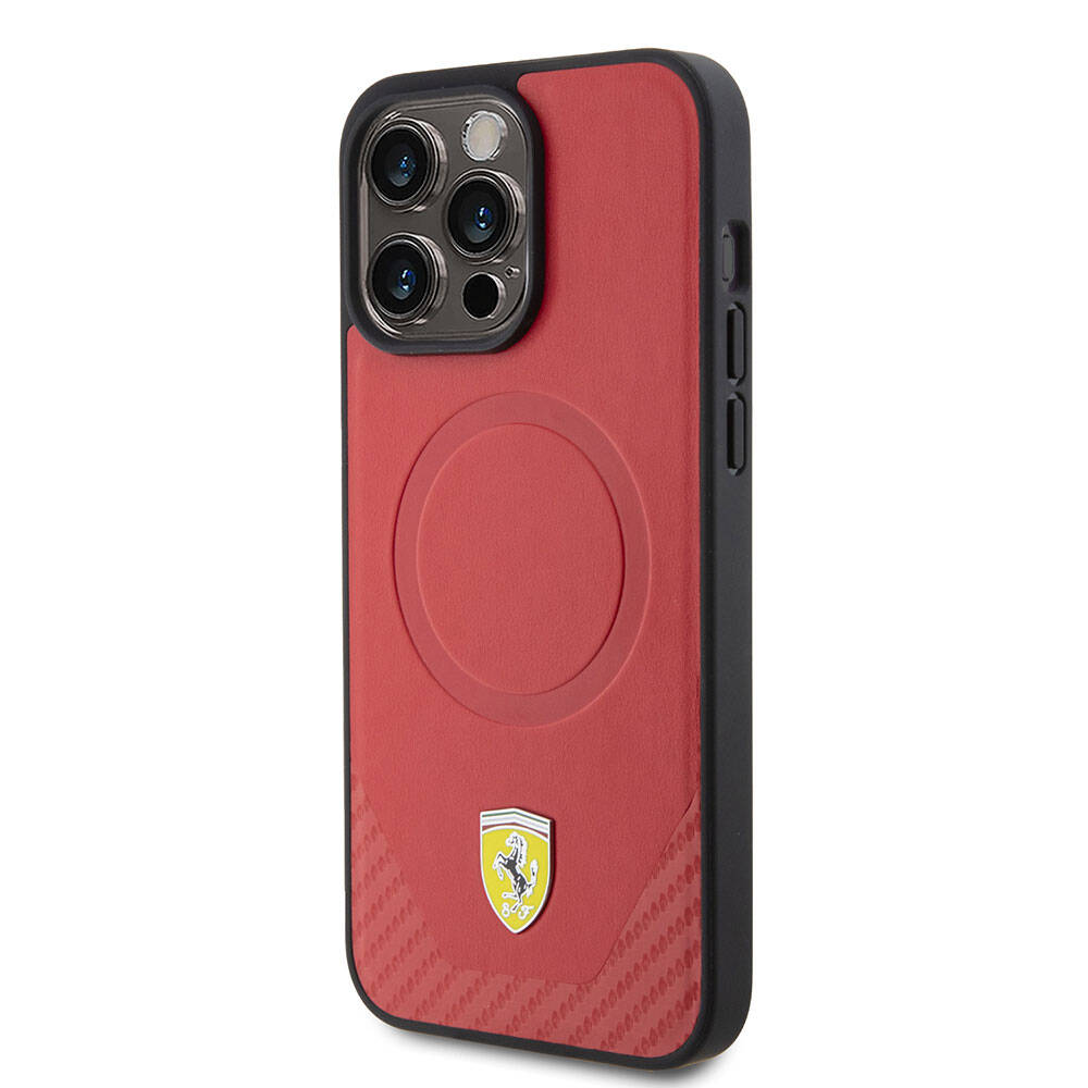iPhone 15 Pro Max Kılıf Ferrari Orijinal Lisanslı M-safe Şarj Özellikli Metal Logolu PU Karbon Kılıf