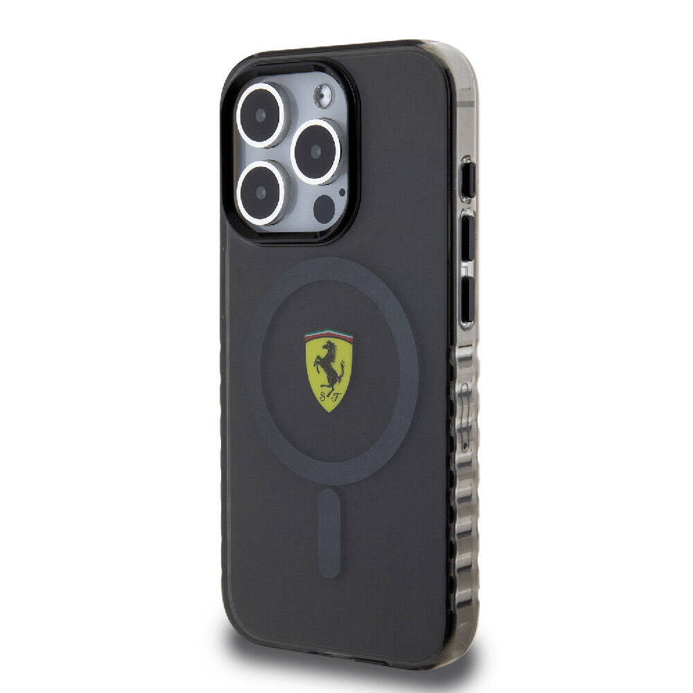 iPhone 15 Pro Max Kılıf Ferrari Orijinal Lisanslı M-safe Şarj Özellikli Tırtıklı Kenar Tasarımlı Ortalanmış Logo Kılıf