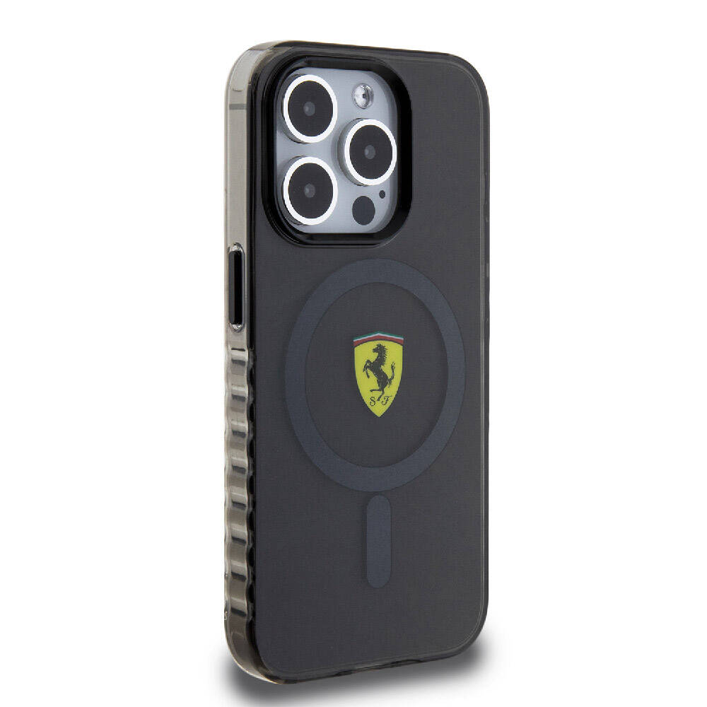 iPhone 15 Pro Max Kılıf Ferrari Orijinal Lisanslı M-safe Şarj Özellikli Tırtıklı Kenar Tasarımlı Ortalanmış Logo Kılıf