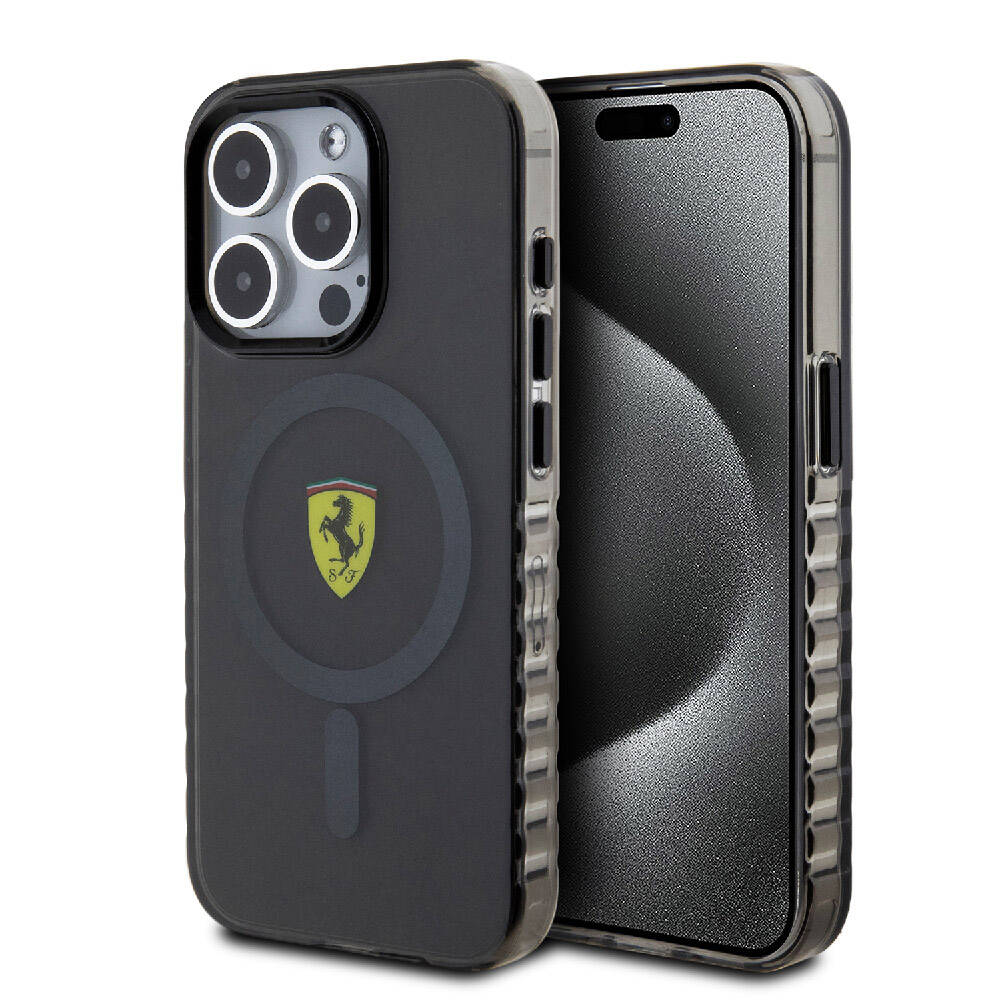 iPhone 15 Pro Max Kılıf Ferrari Orijinal Lisanslı M-safe Şarj Özellikli Tırtıklı Kenar Tasarımlı Ortalanmış Logo Kılıf