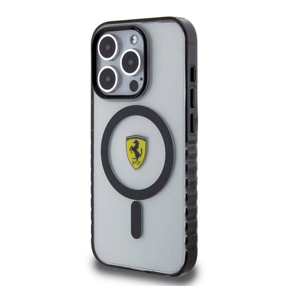 iPhone 15 Pro Max Kılıf Ferrari Orijinal Lisanslı M-safe Şarj Özellikli Tırtıklı Kenar Tasarımlı Ortalanmış Logo Kılıf
