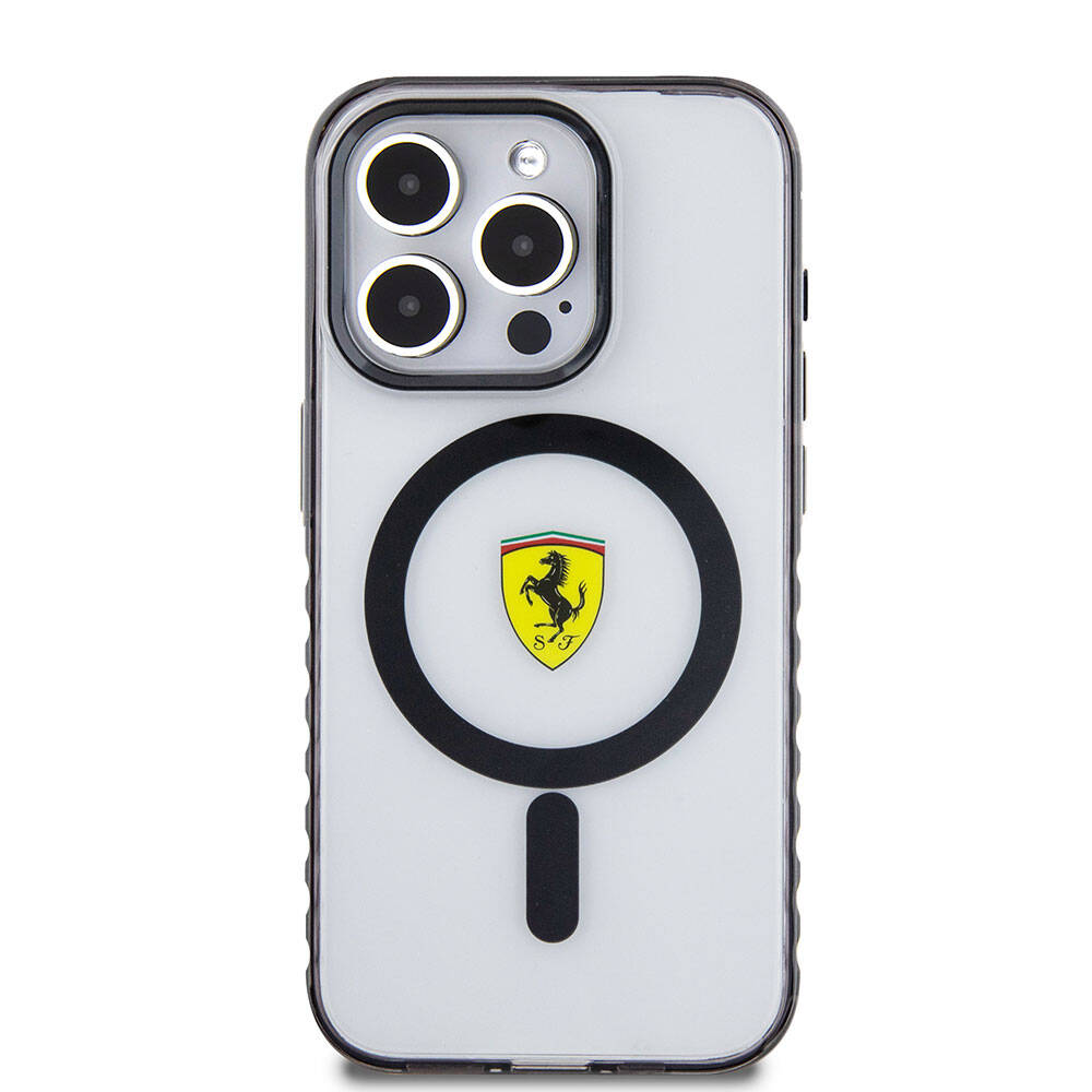 iPhone 15 Pro Max Kılıf Ferrari Orijinal Lisanslı M-safe Şarj Özellikli Tırtıklı Kenar Tasarımlı Ortalanmış Logo Kılıf