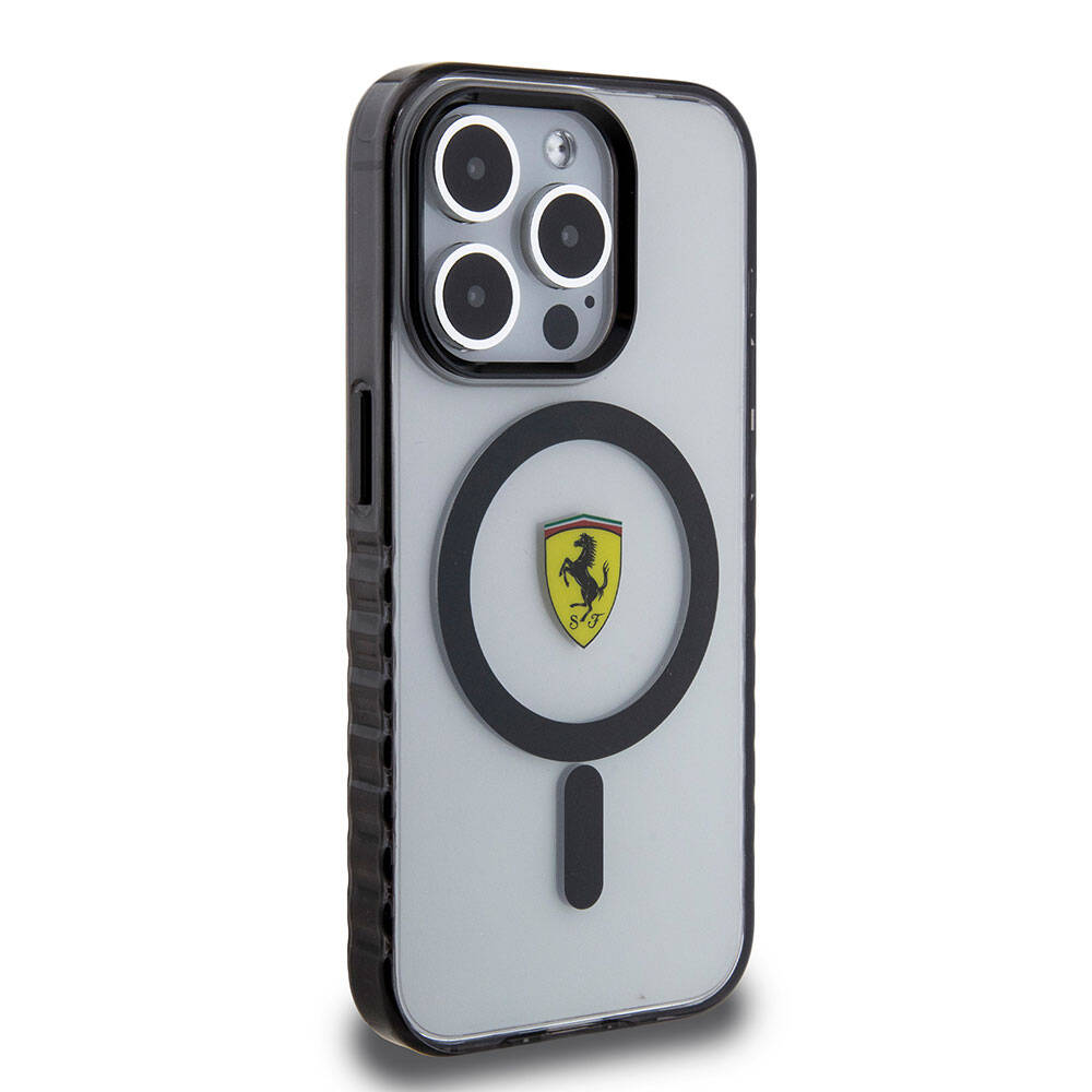 iPhone 15 Pro Max Kılıf Ferrari Orijinal Lisanslı M-safe Şarj Özellikli Tırtıklı Kenar Tasarımlı Ortalanmış Logo Kılıf
