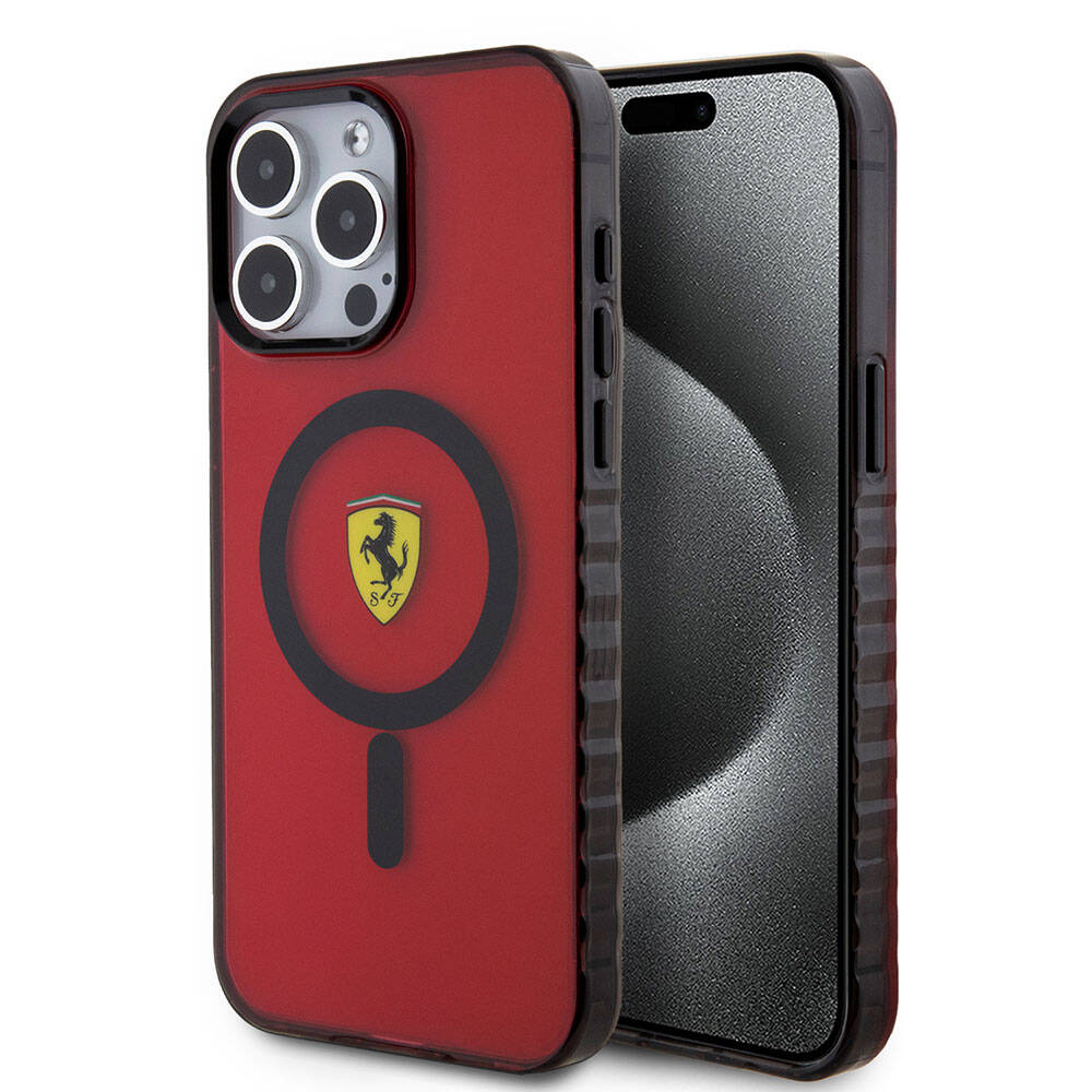 iPhone 15 Pro Max Kılıf Ferrari Orijinal Lisanslı M-safe Şarj Özellikli Tırtıklı Kenar Tasarımlı Ortalanmış Logo Kılıf