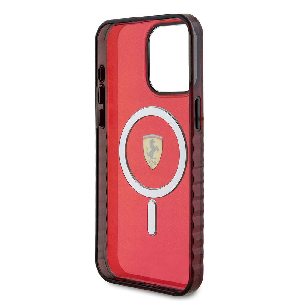 iPhone 15 Pro Max Kılıf Ferrari Orijinal Lisanslı M-safe Şarj Özellikli Tırtıklı Kenar Tasarımlı Ortalanmış Logo Kılıf
