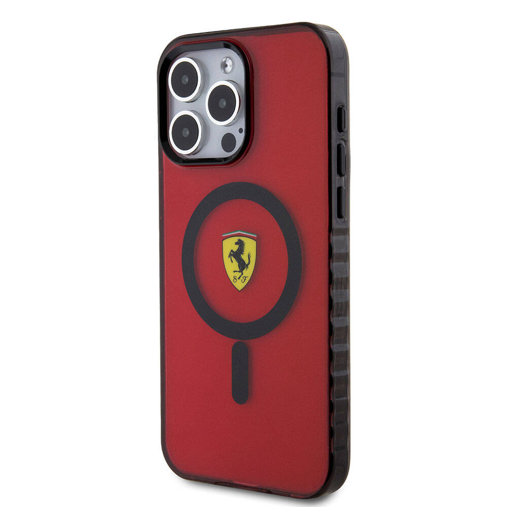 iPhone 15 Pro Max Kılıf Ferrari Orijinal Lisanslı M-safe Şarj Özellikli Tırtıklı Kenar Tasarımlı Ortalanmış Logo Kılıf
