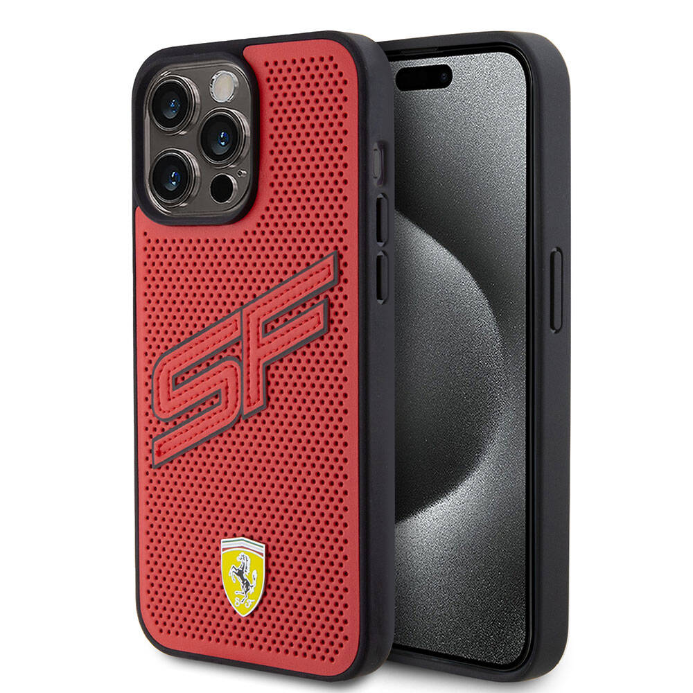 iPhone 15 Pro Max Kılıf Ferrari Orijinal Lisanslı PU Delikli Arka Yüzey Metal Logolu Dikişli Büyük SF Yazılı Kılıf