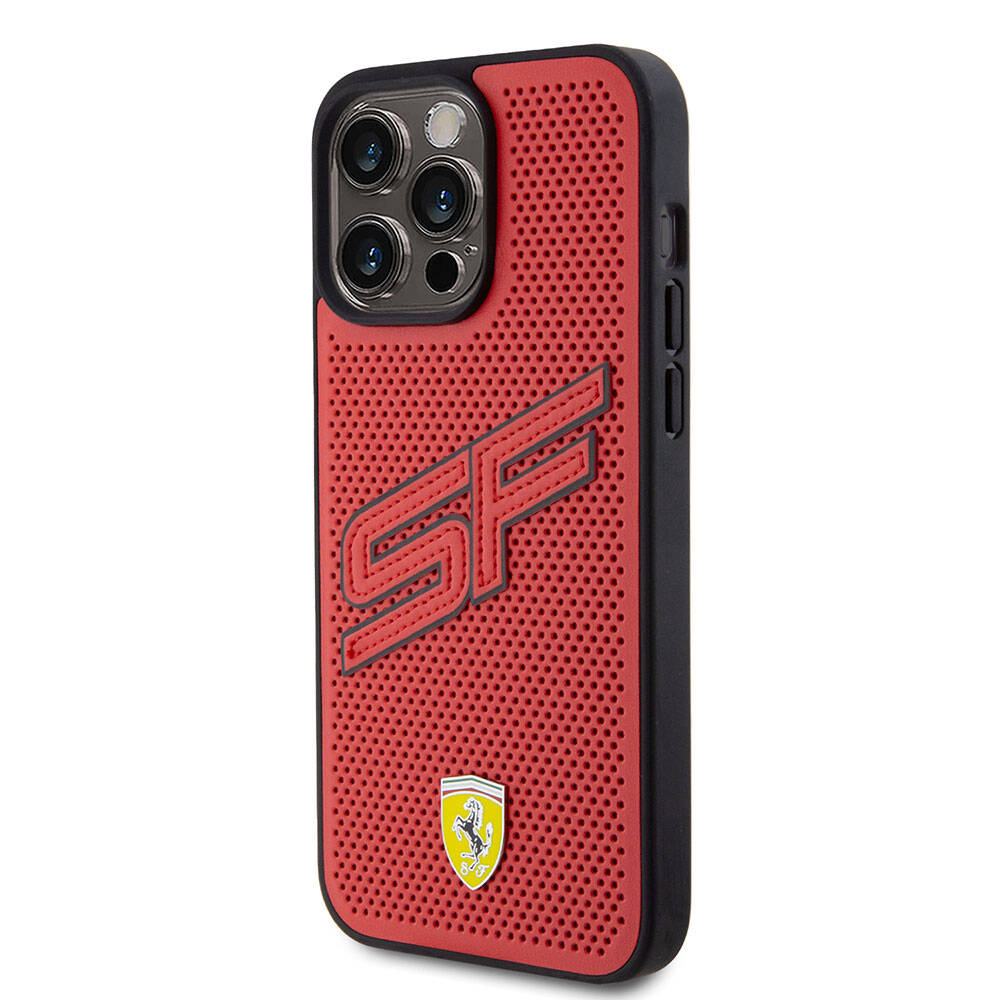 iPhone 15 Pro Max Kılıf Ferrari Orijinal Lisanslı PU Delikli Arka Yüzey Metal Logolu Dikişli Büyük SF Yazılı Kılıf