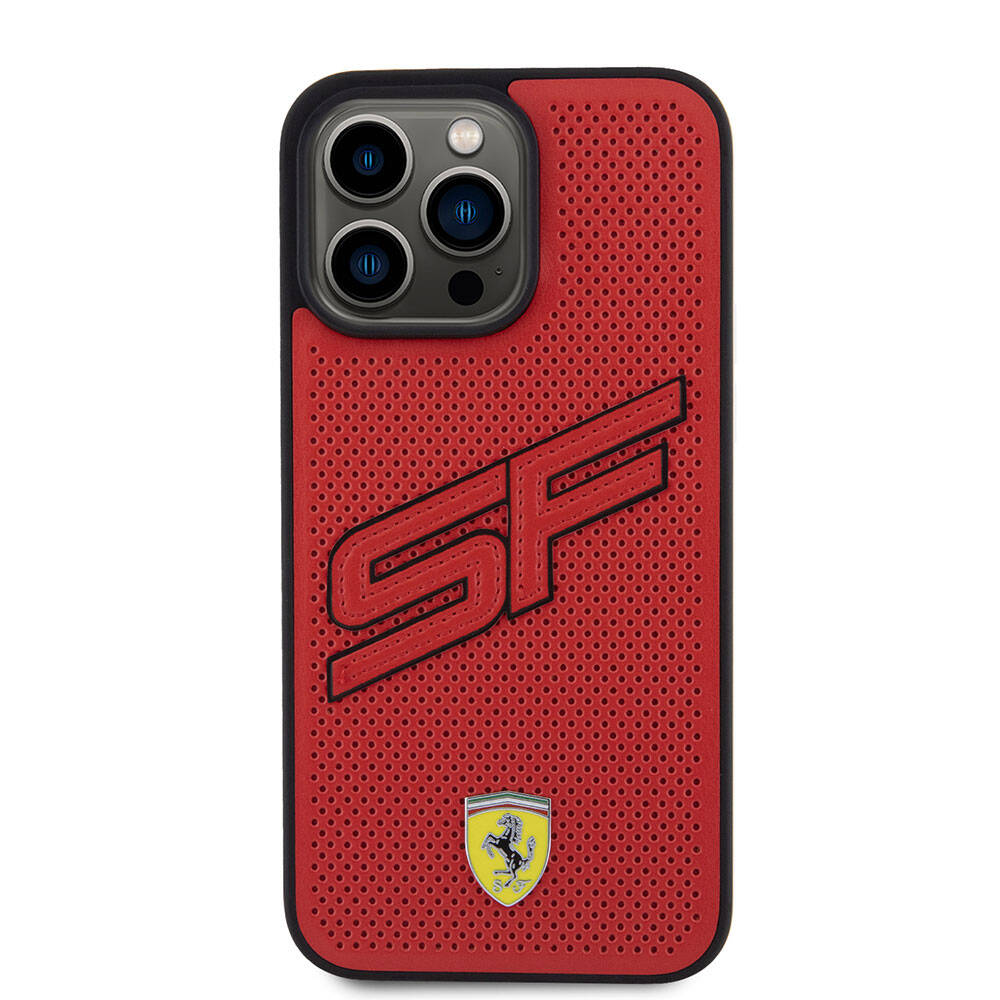 iPhone 15 Pro Max Kılıf Ferrari Orijinal Lisanslı PU Delikli Arka Yüzey Metal Logolu Dikişli Büyük SF Yazılı Kılıf