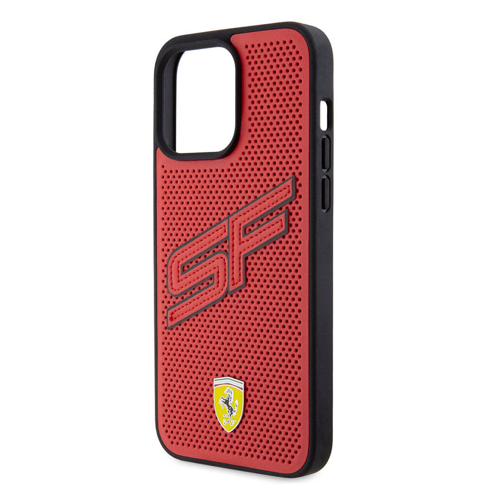 iPhone 15 Pro Max Kılıf Ferrari Orijinal Lisanslı PU Delikli Arka Yüzey Metal Logolu Dikişli Büyük SF Yazılı Kılıf