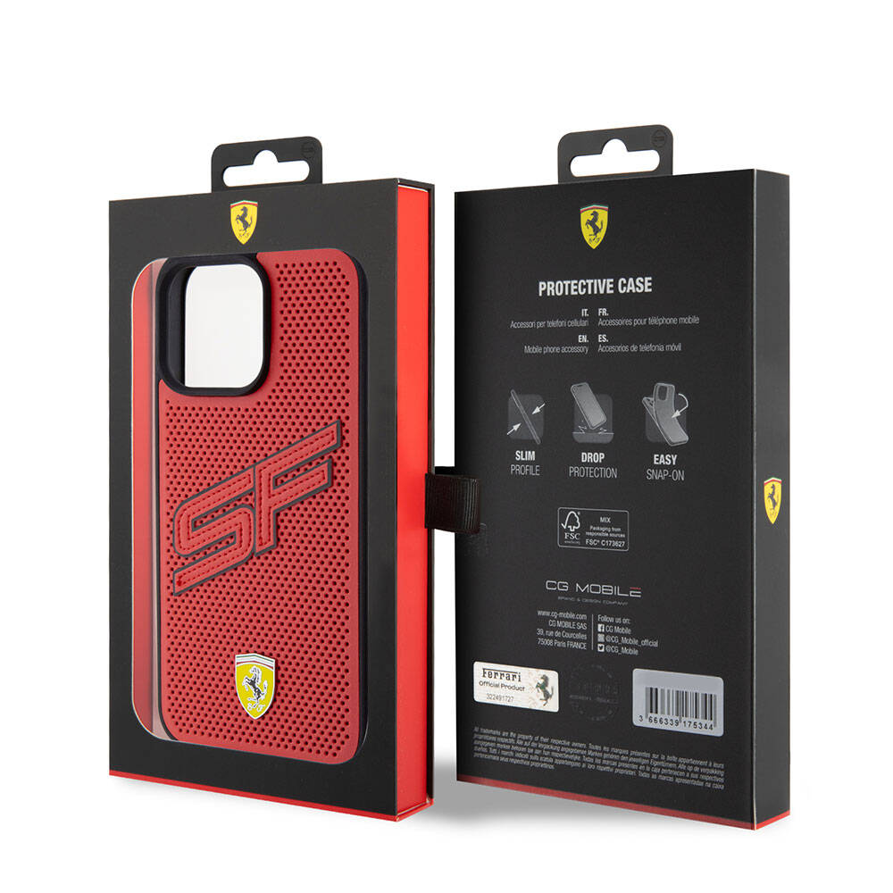 iPhone 15 Pro Max Kılıf Ferrari Orijinal Lisanslı PU Delikli Arka Yüzey Metal Logolu Dikişli Büyük SF Yazılı Kılıf