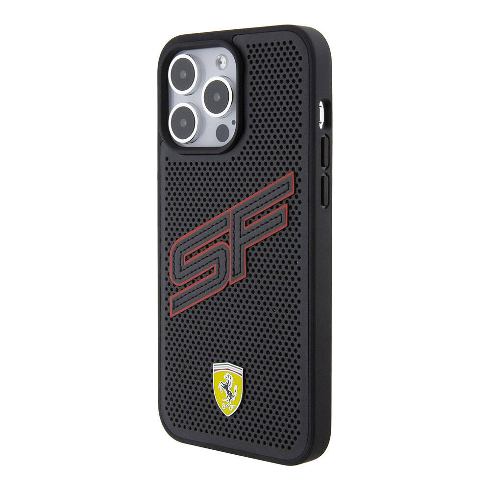 iPhone 15 Pro Max Kılıf Ferrari Orijinal Lisanslı PU Delikli Arka Yüzey Metal Logolu Dikişli Büyük SF Yazılı Kılıf