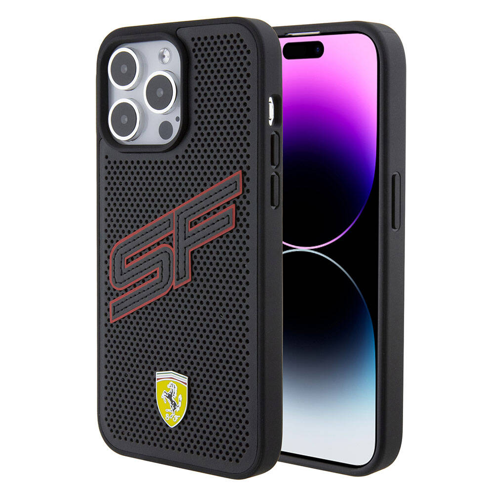 iPhone 15 Pro Max Kılıf Ferrari Orijinal Lisanslı PU Delikli Arka Yüzey Metal Logolu Dikişli Büyük SF Yazılı Kılıf