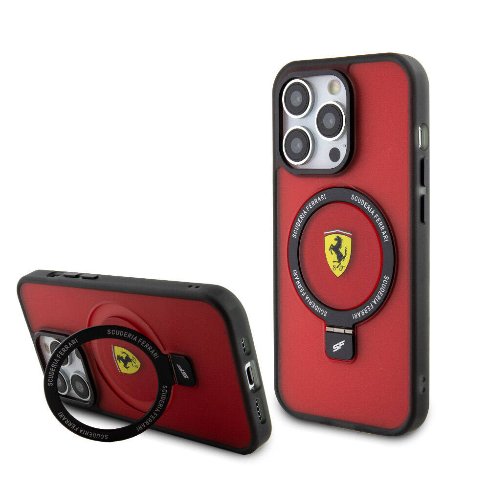 iPhone 15 Pro Max Kılıf Ferrari M-safe Şarj Özellikli Standlı Buzlu Yüzey Dizayn Kılıf