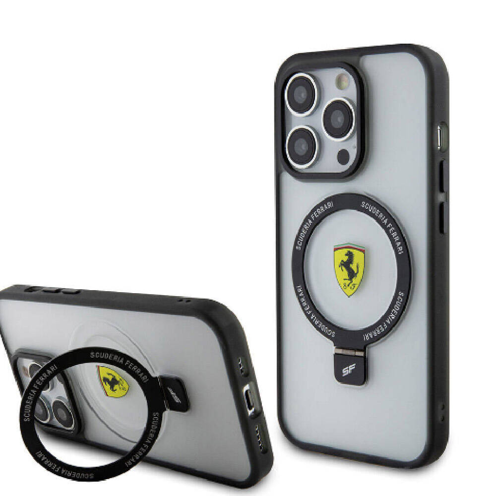 iPhone 15 Pro Max Kılıf Ferrari M-safe Şarj Özellikli Standlı Buzlu Yüzey Dizayn Kılıf