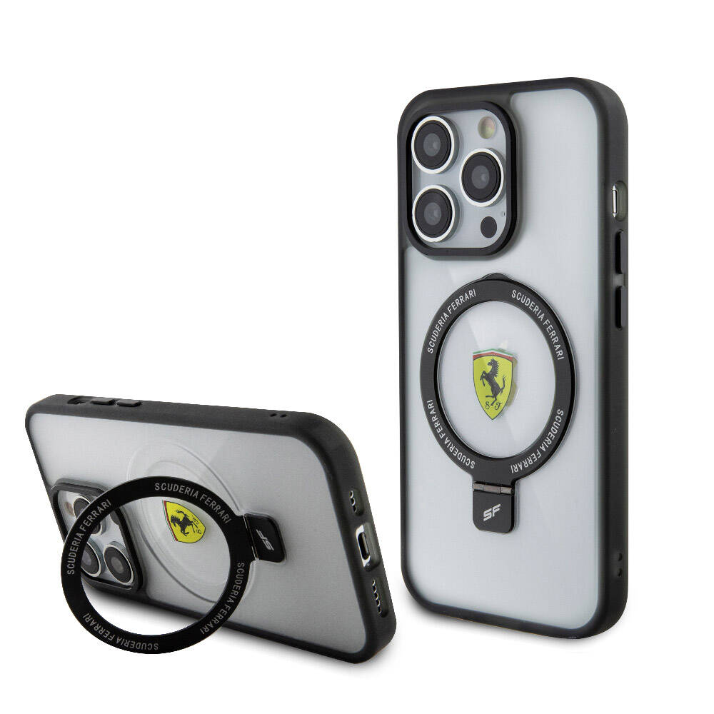 iPhone 15 Pro Max Kılıf Ferrari M-safe Şarj Özellikli Standlı Buzlu Yüzey Dizayn Kılıf