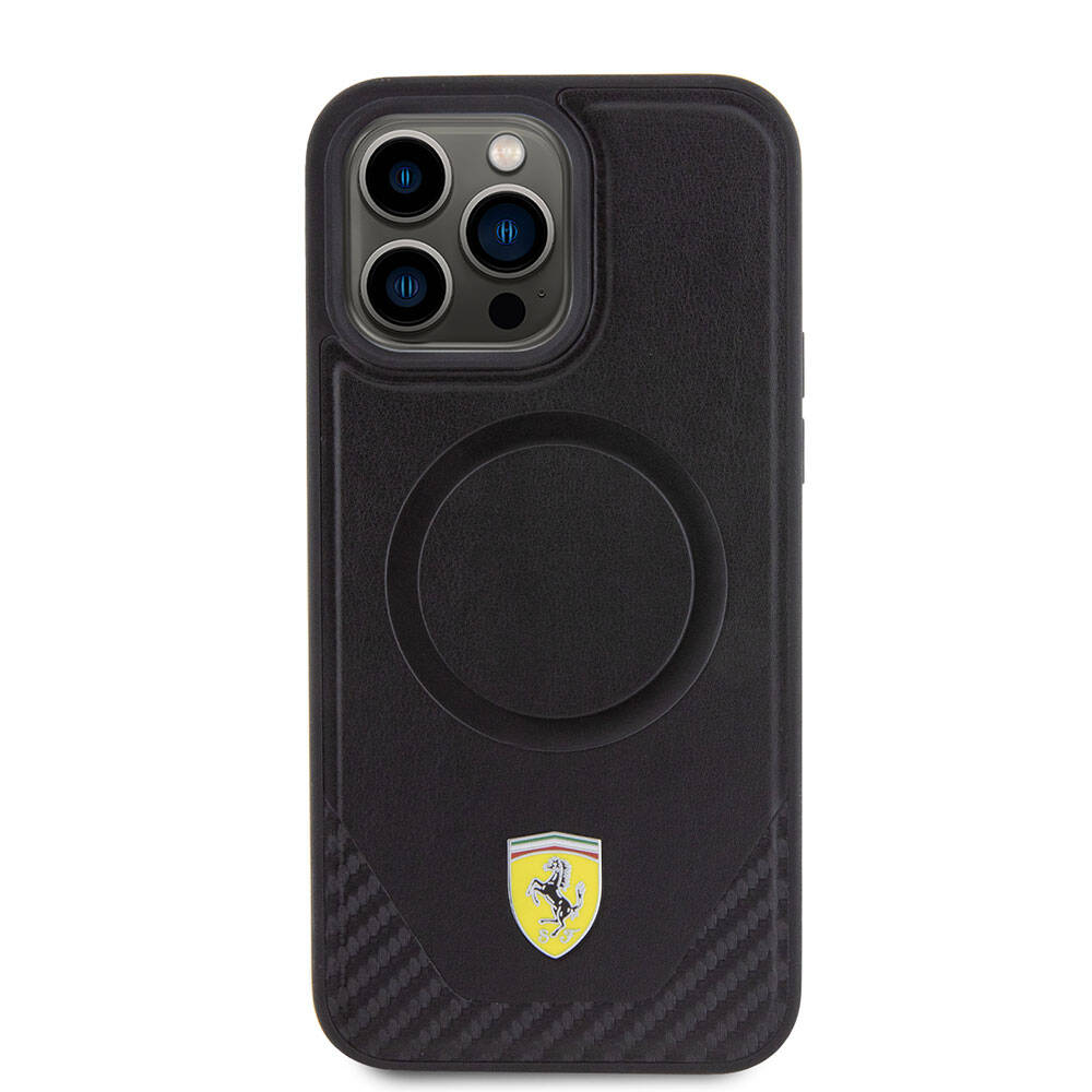 iPhone 15 Pro Max Kılıf Ferrari orijinal Lisanslı M-safe Şarj Özellikli Metal Logolu PU Karbon Kılıf