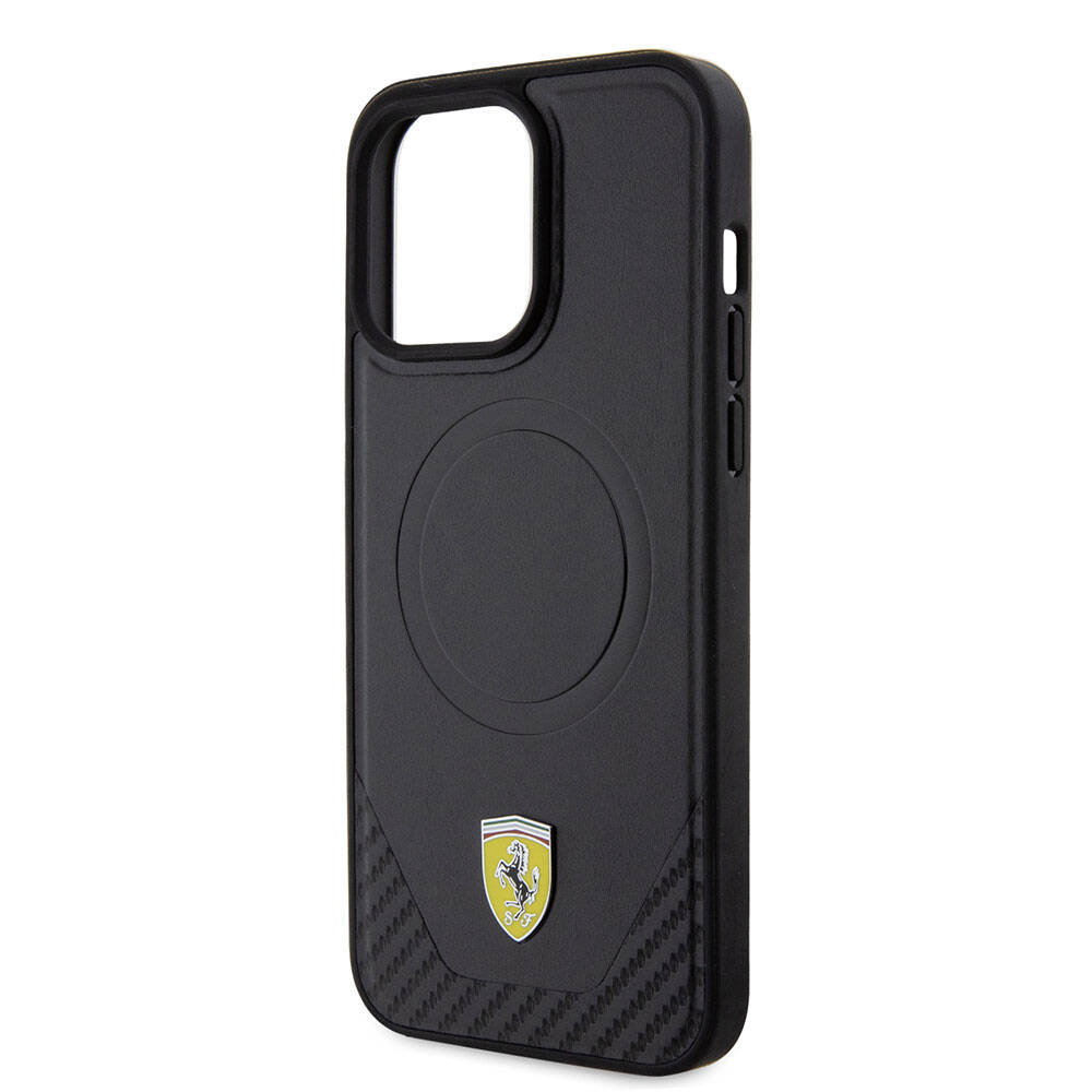iPhone 15 Pro Max Kılıf Ferrari orijinal Lisanslı M-safe Şarj Özellikli Metal Logolu PU Karbon Kılıf