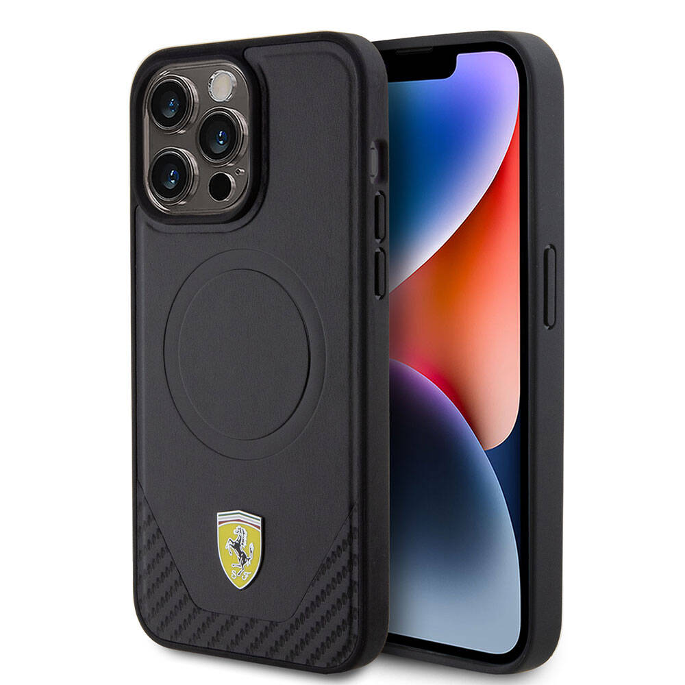 iPhone 15 Pro Max Kılıf Ferrari orijinal Lisanslı M-safe Şarj Özellikli Metal Logolu PU Karbon Kılıf