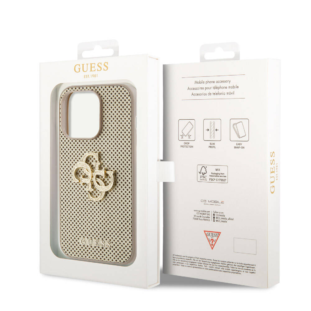 iPhone 15 Pro Max Kılıf Guess Orijinal Lisanslı Delikli Yazı ve 4G Glitter Büyük Metal Logolu Kılıf