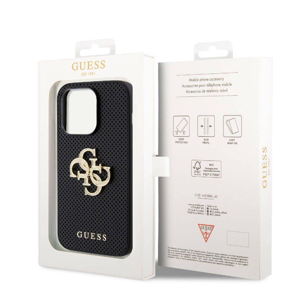 iPhone 15 Pro Max Kılıf Guess Orijinal Lisanslı Delikli Yazı ve 4G Glitter Büyük Metal Logolu Kılıf