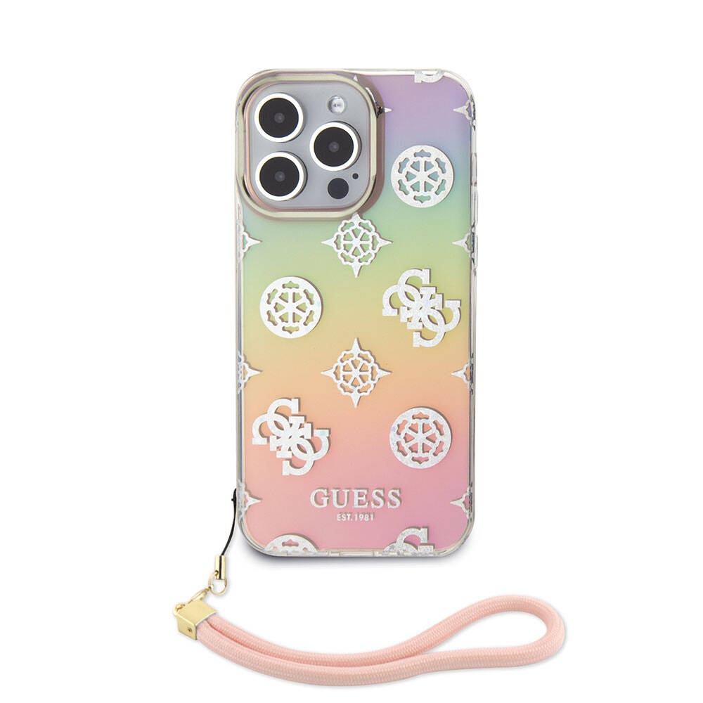 iPhone 15 Pro Max Kılıf Guess Orijinal Lisanslı Desenli Yazı Logolu Askı İpli Holografik Glitter Peony Kılıf