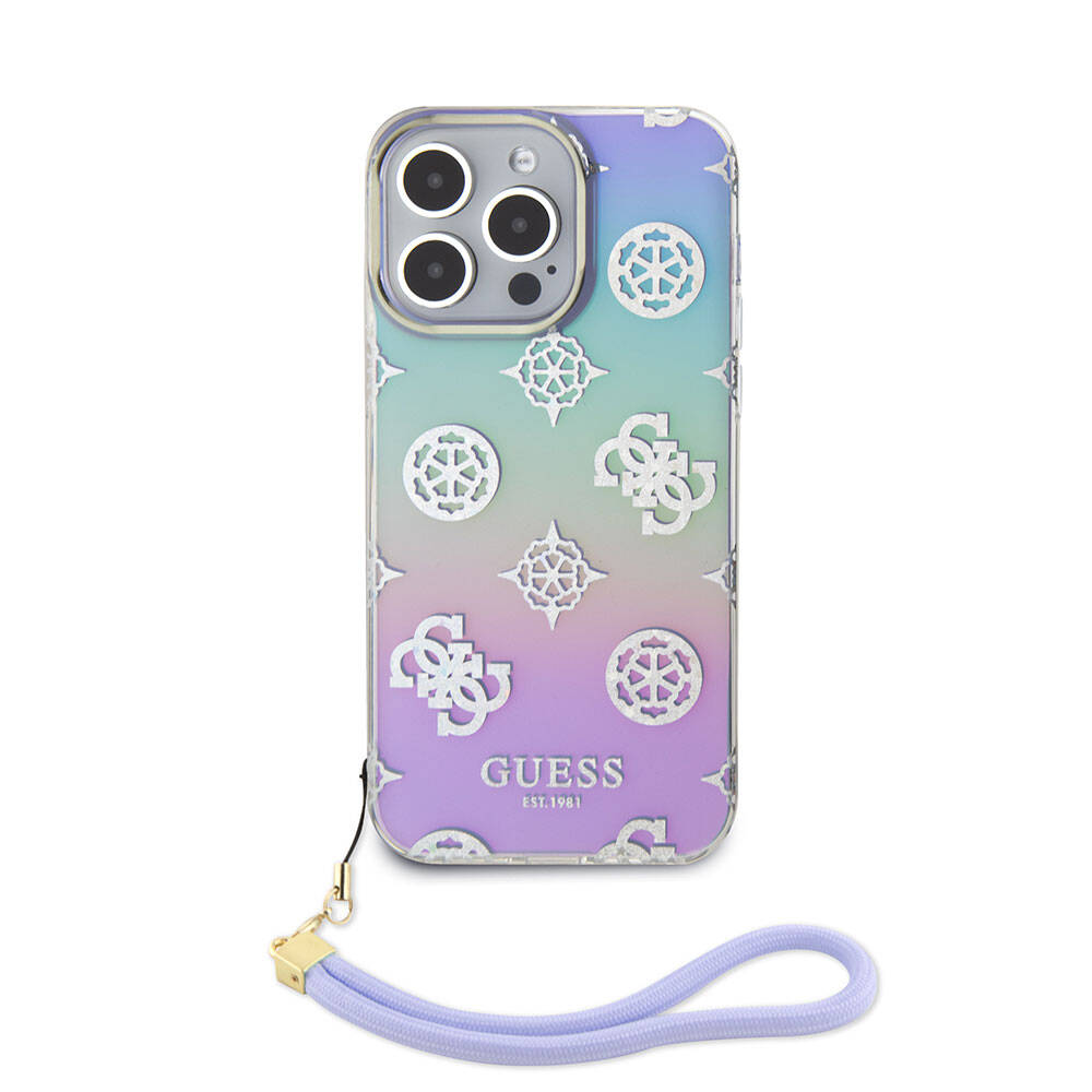 iPhone 15 Pro Max Kılıf Guess Orijinal Lisanslı Desenli Yazı Logolu Askı İpli Holografik Glitter Peony Kılıf